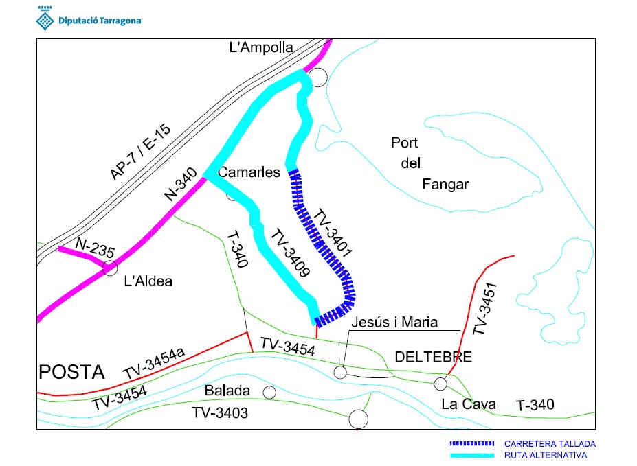 La carretera T-3401 entre l'Ampolla i Deltebre estarà tallada per obres de millora del 23 d'abril al 21 de juny