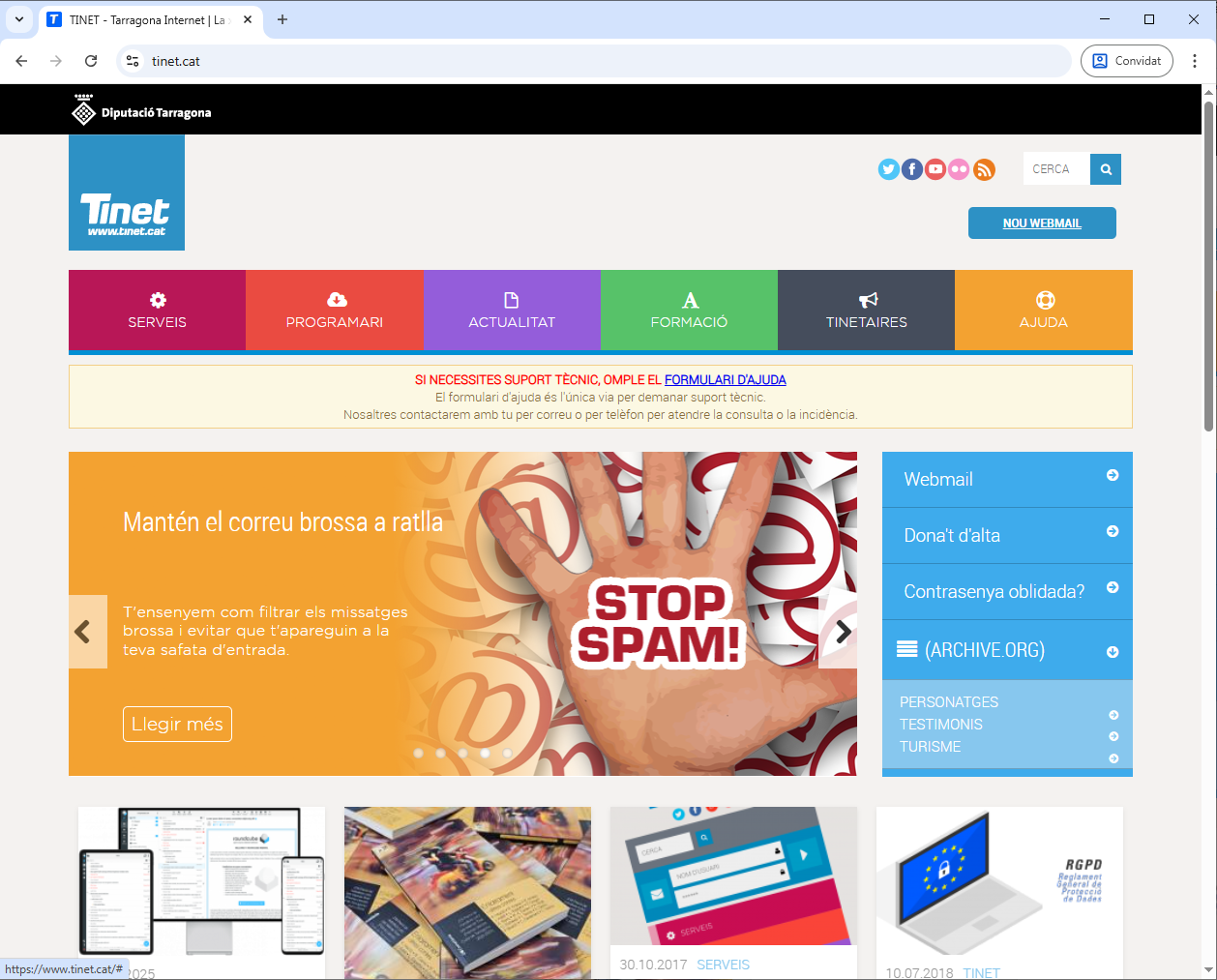 Portada del web de TINET